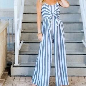 Flying Tomato Jumpsuit Women's Size M White Blue Striped Cut out Back Wide Legs
